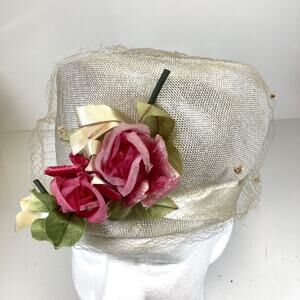 Vintage 1950s Millinery Hat Floral Roses Leaves Ribbon Lace Veiled Derby